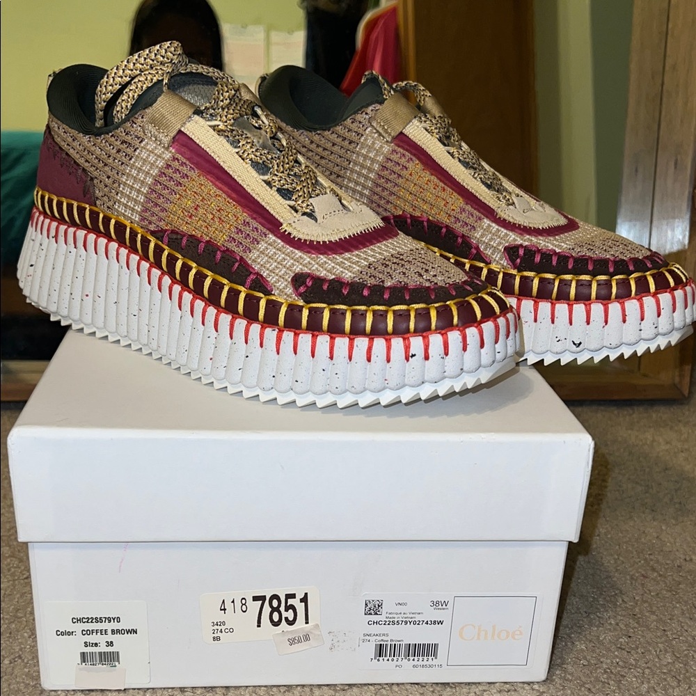 CHLOE NAMA MULTICOLOR COFFEE BROWN WOVEN PLATFORM SNEAKERS IN SIZE 38 EU - Picture 14 of 17